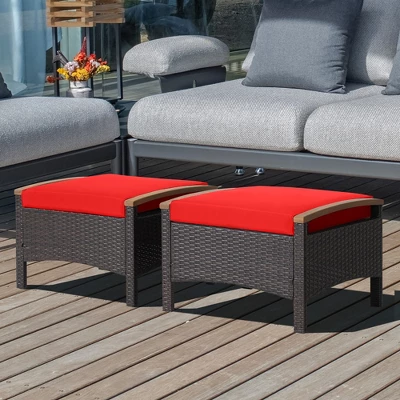 Costway Set Of 2 Patio Rattan Ottoman Footrest Cushions Wooden Handle Off WhiteBrownRedNavy - Image 11