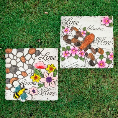 Northlight Set Of 2 'Love Blooms Here' Floral Outdoor Garden Stones 7"