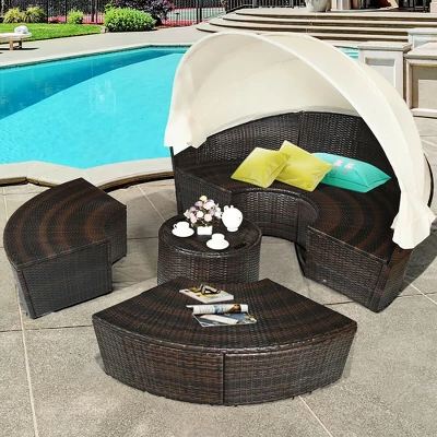 Costway Patio Rattan Daybed Cushioned Sofa Adjustable Table Top Canopy W/3 Pillows - Image 2