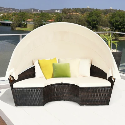 Costway Patio Rattan Daybed Cushioned Sofa Adjustable Table Top Canopy W/3 Pillows