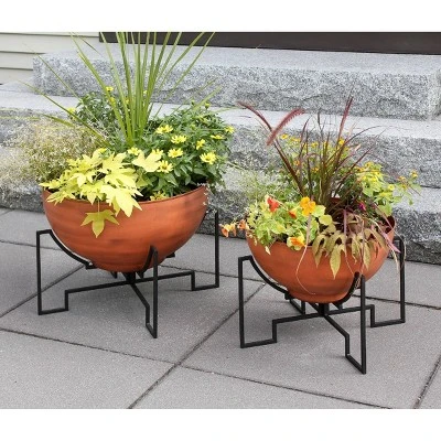 ACHLA Designs 16"Wide Galvanized Steel Planter Bowl With Black Wrought Iron Plant Stand Burnt Sienna - Image 3