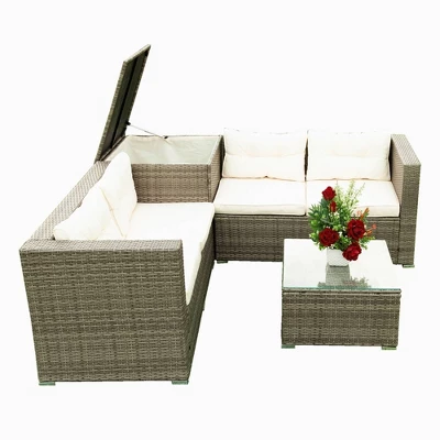 4pc Wicker Patio Sectional Seating Set With Cushions - Gray/Beige - GODEER - Image 7