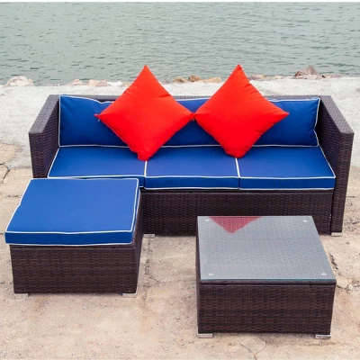 3pc Wicker Patio Sectional Seating Set With Cushions - Brown/Blue - GODEER - Image 3