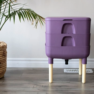 FCMP Outdoor Essential Living 6 Gallon UV Protected Plastic Worm Composter Bin Storage Container Box With 2 Trays For Garden And Home, Plum - Image 4