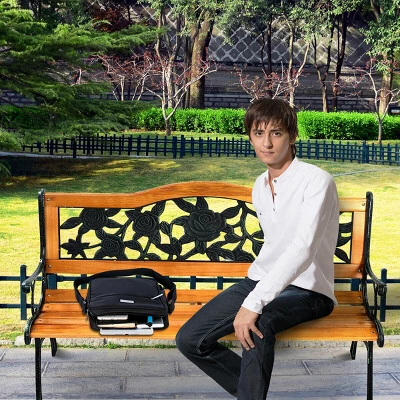 Patio Park Garden Bench Porch Path Chair Furniture Cast Iron Hardwood - Image 4