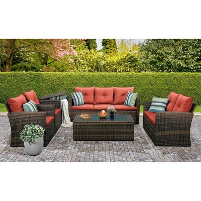6pc Wicker Outdoor Conversation Set With Cushions - Orange - EDYO LIVING - Image 2