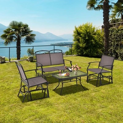 Costway 2pcs Patio Loveseat Glider Glass Coffee Table Set Heavy-Duty Swing Rocking Chair - Image 6