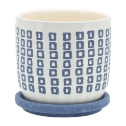Sagebrook Home 5" Wide Tiny Square Pattern Ceramic Planter Pot With Saucer Blue