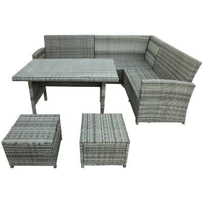 6pc Wicker Patio Set With Glass Table Ottomans - Gray/Dark Gray - GODEER - Image 8
