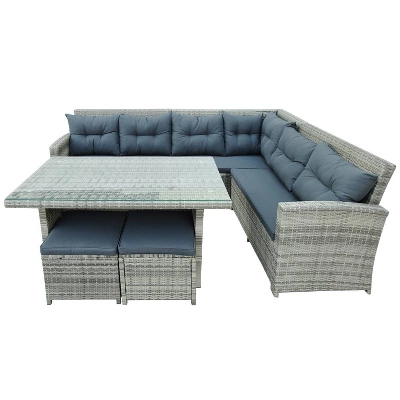 6pc Wicker Patio Set With Glass Table Ottomans - Gray/Dark Gray - GODEER - Image 14