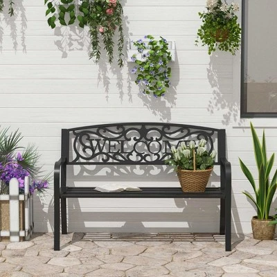 Outsunny 50" Outdoor Metal Welcome Bench, Powder Coated Cast Iron Sign & Steel Frame, 2 Person Bench With Antique Vine Motifs & Slatted Seat, Black - Image 2