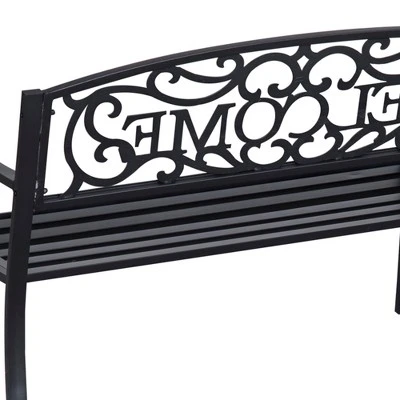 Outsunny 50" Outdoor Metal Welcome Bench, Powder Coated Cast Iron Sign & Steel Frame, 2 Person Bench With Antique Vine Motifs & Slatted Seat, Black - Image 4