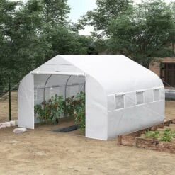 Outsunny 12' X 10' X 7' Walk-in Outdoor Tunnel Greenhouse, PE Cover, Steel Frame, Roll-Up Zipper Door & 6 Windows For Tropical Plants, White