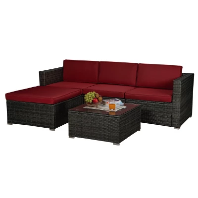 5pc Rattan Wicker Outdoor Conversation Set - Gray/Red - GODEER - Image 4