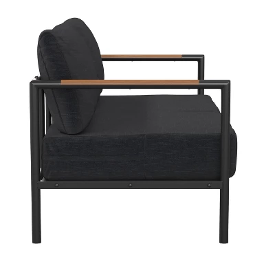Emma And Oliver Aluminum Frame Loveseat With Teak Arm Accents And Plush Cushions - Image 7