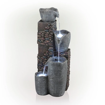 42" Resin Outdoor 4-Tier Stone Bowl Fountain With LED Lights Gray - Alpine Corporation - Image 3