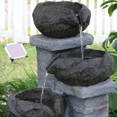 Sunnydaze Decor Sunnydaze Outdoor Polyresin Solar Powered Stone Bowls Water Fountain With LED Lights And Backup Battery - 30" - Image 5