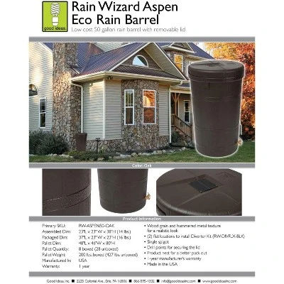 Good Ideas Aspen ECO 50 Gallon Capacity Rain Barrel Water Storage Collector Saver With Brass Spigot And Removable Lid, Oak Brown - Image 2