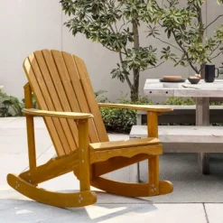 LuxenHome Natural Brown Wood Outdoor Adirondack Rocking Chair
