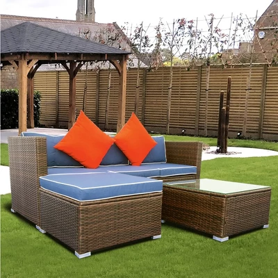 3pc Wicker Patio Sectional Seating Set With Cushions - Brown/Blue - GODEER