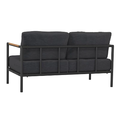 Emma And Oliver Aluminum Frame Loveseat With Teak Arm Accents And Plush Cushions - Image 6