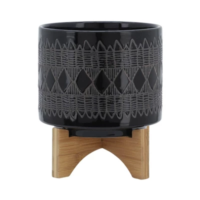 Sagebrook Home With Wooden Stand Aztec Ceramic Indoor Outdoor Planter Pot Black - Image 9