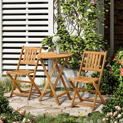 Outsunny Bistro Table And Chairs Set Of 2, Acacia Wood Patio Table, Wooden Folding Chairs, Varnished, 3 Piece Outdoor Furniture Set, Slatted, Teak - Image 2