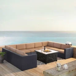 Biscayne 6pc Outdoor Wicker Sectional Set With Fire Table - Mocha - Crosley