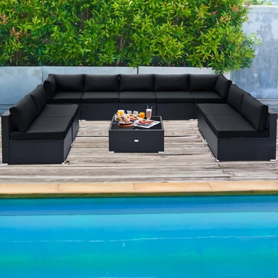 Costway 10 PCS Patio Rattan Furniture Set Outdoor Wicker Sofa Table Cushioned Seat Black/Brown - Image 3