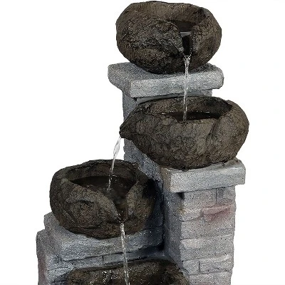 Sunnydaze Decor Sunnydaze Outdoor Polyresin Solar Powered Stone Bowls Water Fountain With LED Lights And Backup Battery - 30" - Image 3