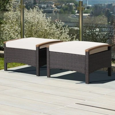 Costway Set Of 2 Patio Rattan Ottoman Footrest Cushions Wooden Handle Off WhiteBrownRedNavy - Image 7