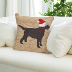 18"x18" Front Porch Christmas Dog Indoor/Outdoor Square Throw Pillow Neutral - Liora Manne