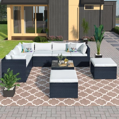 9pc Wicker Patio Seating Set With Cushions - Black/Beige - GODEER - Image 2