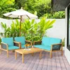 Tangkula 4PCS Patio Acacia Wood Furniture Set PE Rattan Conversation Set W/ Turquoise Cushions