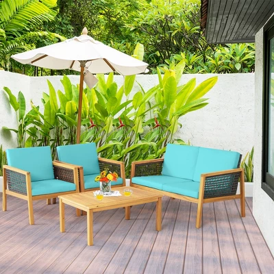 Tangkula 4PCS Patio Acacia Wood Furniture Set PE Rattan Conversation Set W/ Turquoise Cushions