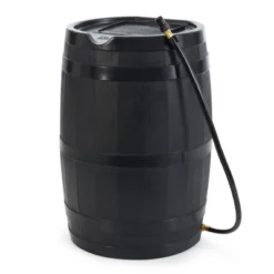 FCMP Outdoor RC45 45 Gallon Heavy Duty Outdoor Home Rain Water Catcher Barrel Container With Hose & Debris Screen, Black