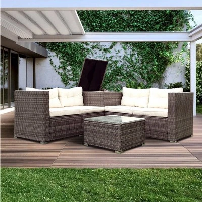 4pc Wicker Patio Sectional Seating Set With Cushions - Gray/Beige - GODEER - Image 2