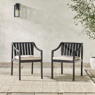 Saracina Home 2pk Mid-Century Modern Slatted Outdoor Acacia Arm Chairs With Cushions - Image 2