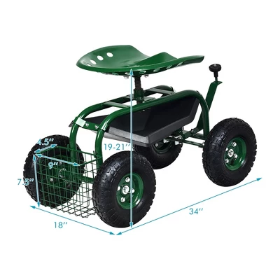 Costway Garden Cart Rolling Work Seat W/ Tool Tray Basket Green - Image 7