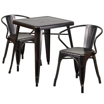 Emma And Oliver Commercial Grade 23.75" Square Metal Indoor-Outdoor Table Set With 2 Arm Chairs