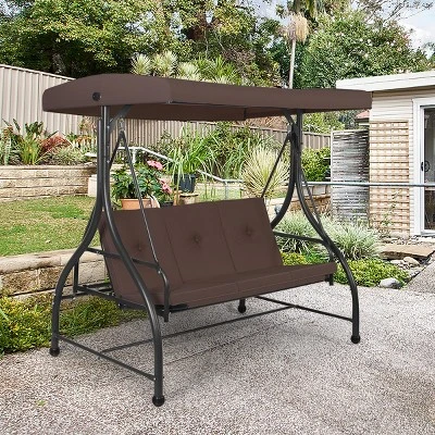 Costway Converting Outdoor Swing Canopy Hammock 3 Seats Patio Deck Furniture Brown - Image 2