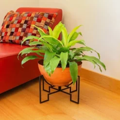 ACHLA Designs 16"Wide Galvanized Steel Planter Bowl With Black Wrought Iron Plant Stand Burnt Sienna