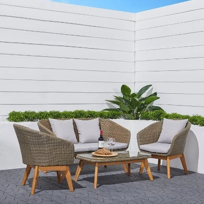 Grayton 4pc Rustic All-Weather Patio Wood And Wicker Conversation Set - Light Gray - Vifah