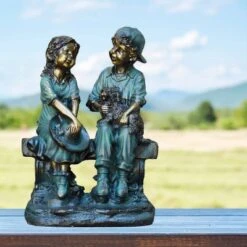 16" Polyresin Girl And Boy With Dog Sitting On Bench Sculpture Bronze - Alpine Corporation