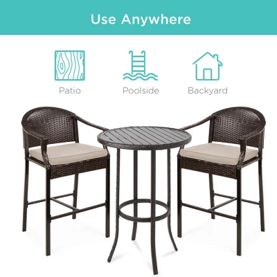 Best Choice Products 3-Piece Outdoor Wicker Bistro Bar Height Set For Patio, Garden W/ Barstools, Steel Frame - Image 4