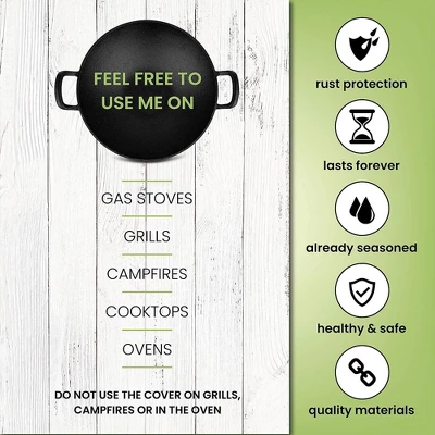 Homeries Pre-Seasoned Cast Iron Wok With 2 Handled And Wooden Lid