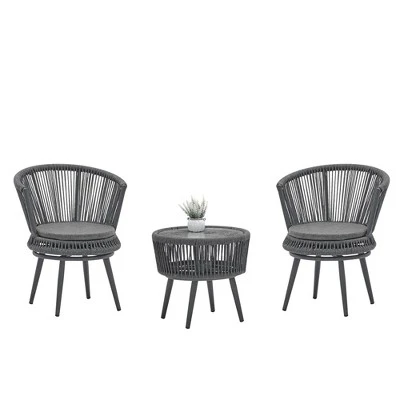 3pc Outdoor Wicker Conversation Set With Cushions - Dark Gray - GODEER - Image 7