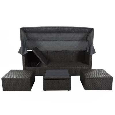 4pc Outdoor Wicker Rectangle Daybed With Canopy & Cushions - Gray - GODEER - Image 4