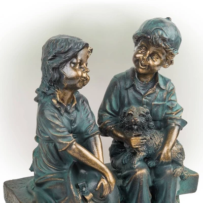 16" Polyresin Girl And Boy With Dog Sitting On Bench Sculpture Bronze - Alpine Corporation - Image 4