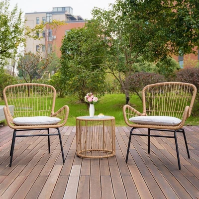 3pc Outdoor Wicker Chairs With Glass Top Table & Soft Cushions - Brown - WELLFOR